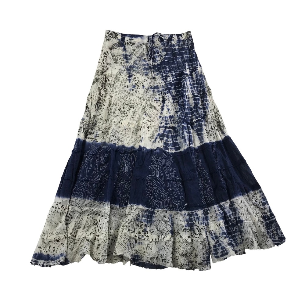 Metrowear Blue White Tie Dye Paisley Tiered Cotton Maxi Skirt Small Boho India